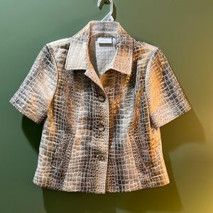 Chico's Snake Print Gold Copper Shimmering Short Sleeve Swing Jacket Sz XS